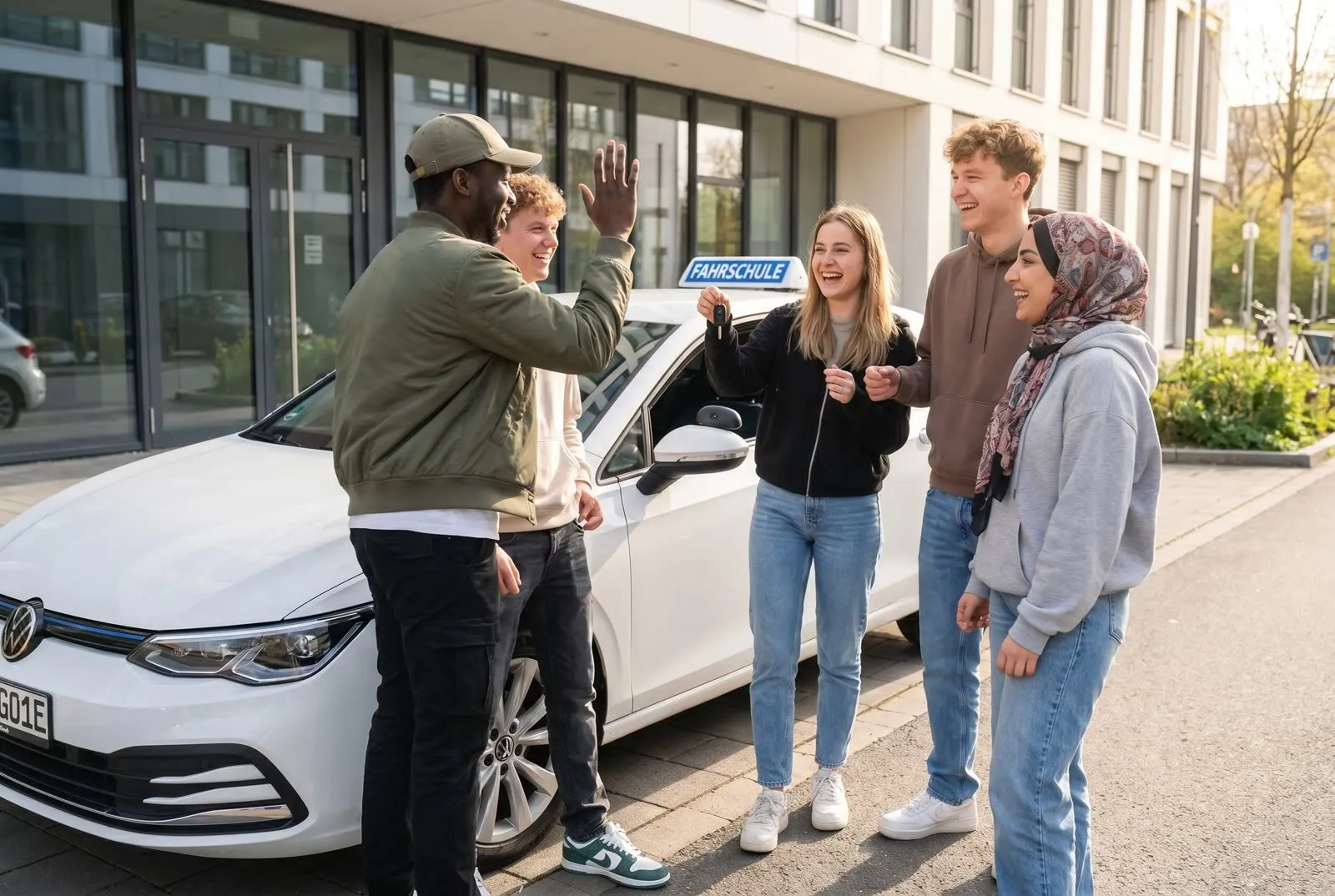 Teilnehmende und Ausbilder vor einem Fahrschulauto