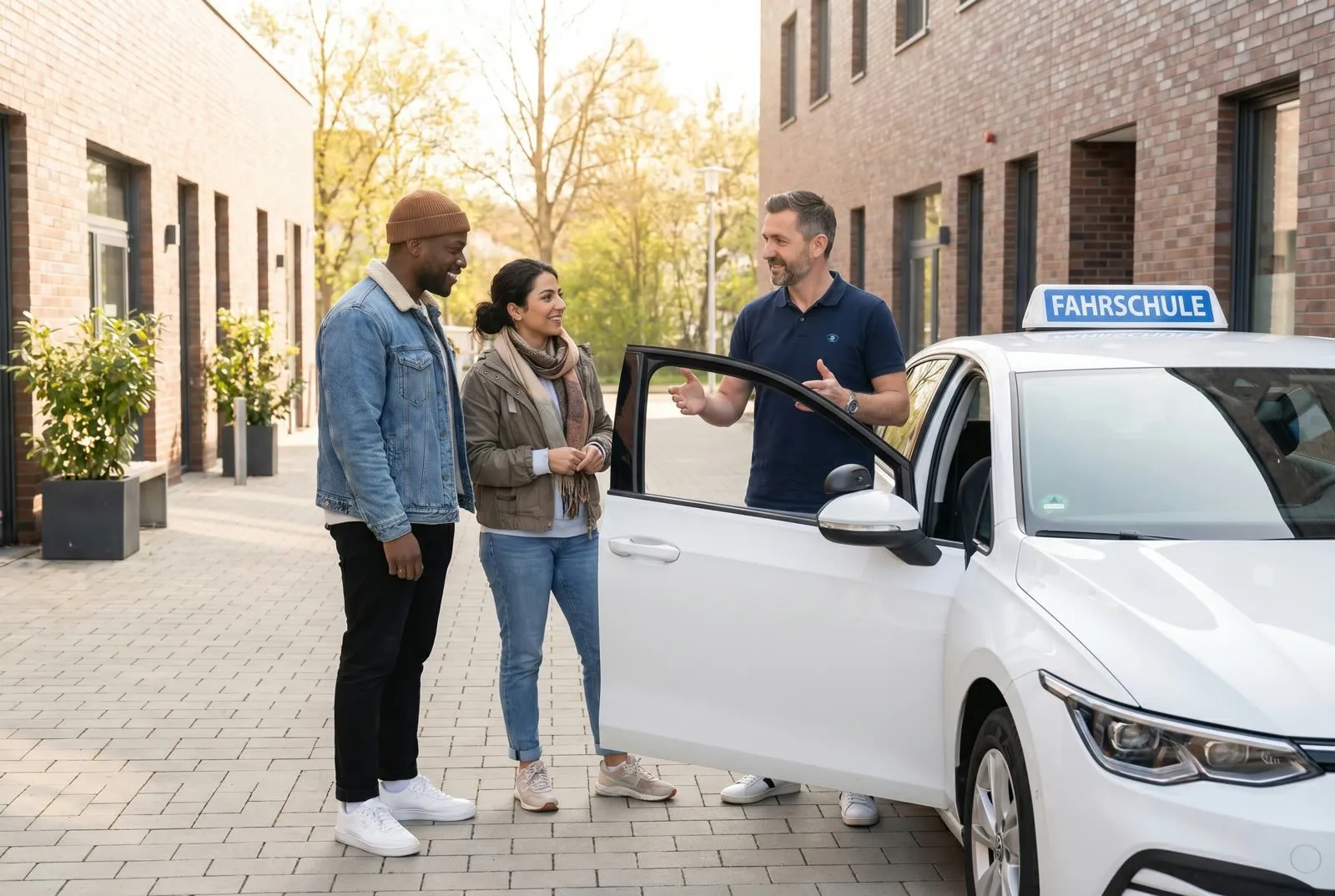 Ausbilder erklärt Teilnehmenden ein Fahrschulauto